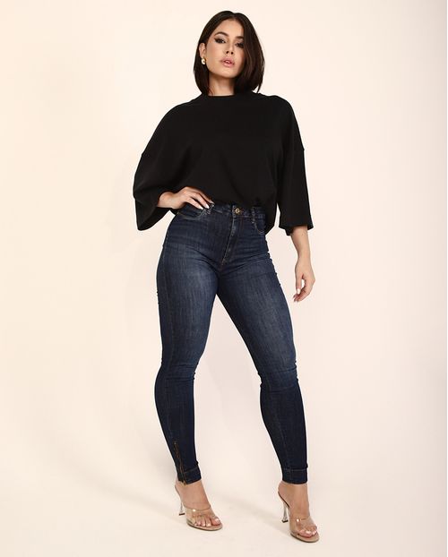 Calça Jeans Skinny Hot Feminina Cintura Alta Zíper Barra 23767 Escura