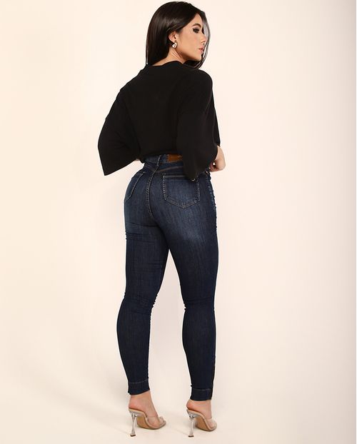 Calça Jeans Skinny Hot Feminina Cintura Alta Zíper Barra 23767 Escura