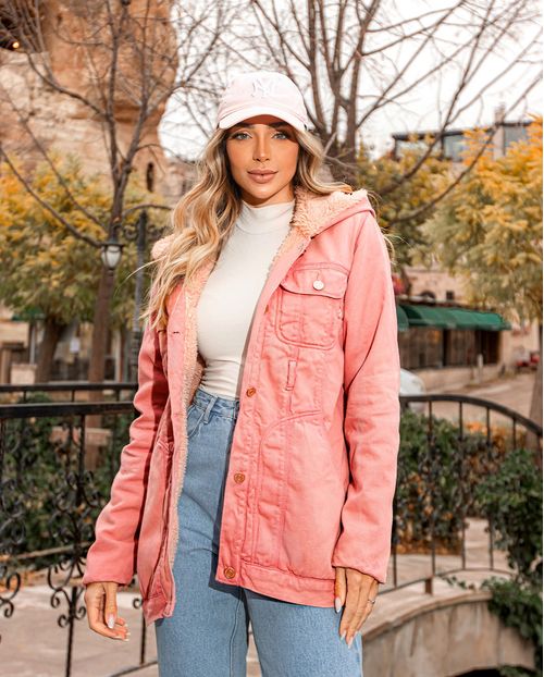 Parka de Sarja Feminina Forrada com Capuz 22627 Rose
