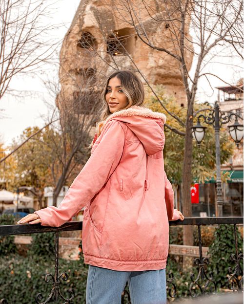 Parka de Sarja Feminina Forrada com Capuz 22627 Rose