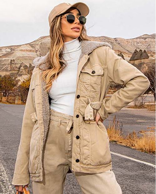Parka de Sarja Feminina Forrada com Capuz 22627 Caqui