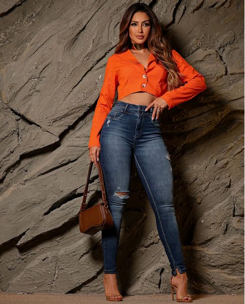 Calça Jeans Skinny Hot Feminina Cintura Alta Cós Duplo 23760 Escura