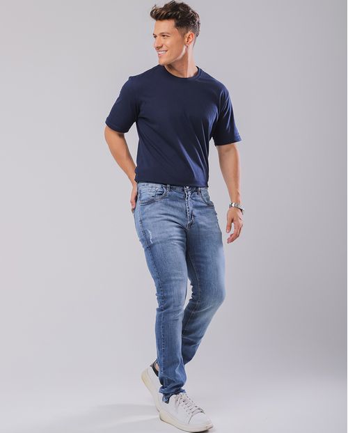 Calça Jeans Slim Fit Masculina Detalhes Puídos 23107 Média