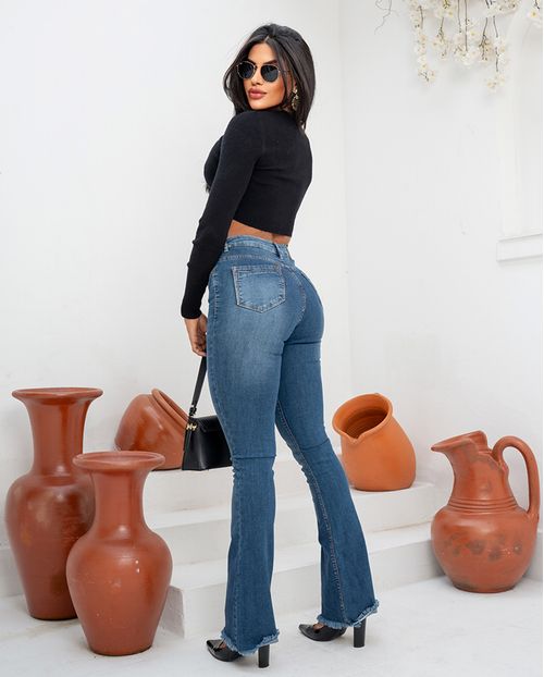 Calça Jeans Flare Feminina Cintura Média Barra Desfiada 23436 Escura