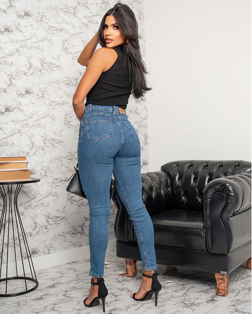 Calça Jeans Skinny Hot Feminina Cintura Alta Abertura Na Barra 23334 Escura