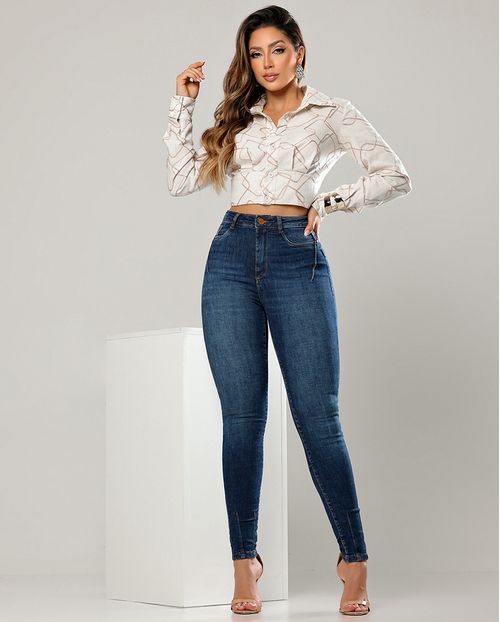 Calça Jeans Skinny Hot Feminina Cintura Alta Detalhe Barra 23836 Escura