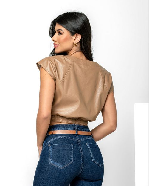Blusa Tecido Sintetico Cropped Feminina 90440 Marrom