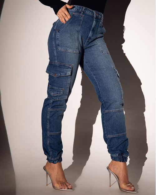 Calça Jeans Jogger Cargo Feminina Cintura Média Detalhes Bolsos 23682 Médio/escuro