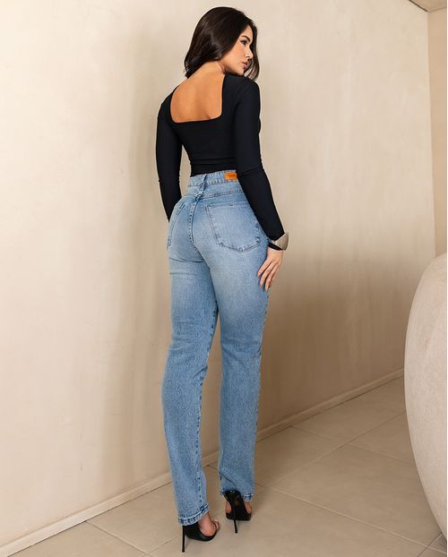 Calça Jeans Reta Feminina Cintura Alta com Elastano 23918 Média
