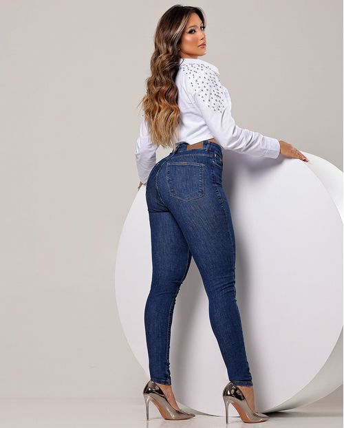 Calça Jeans Skinny Feminina Cintura Alta Premium 23471 Médio/escuro