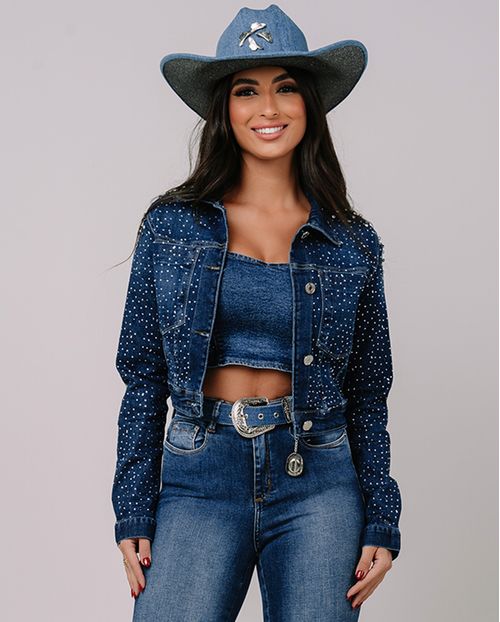 Jaqueta Jeans Cropped Feminina com Bordado e Aplicação Rainha do Rodeio 23704 Escura
