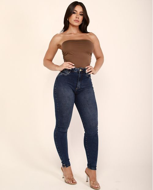 Calça Jeans Skinny Hot Feminina Cintura Alta Abertura Na Barra 23847 Médio/escuro