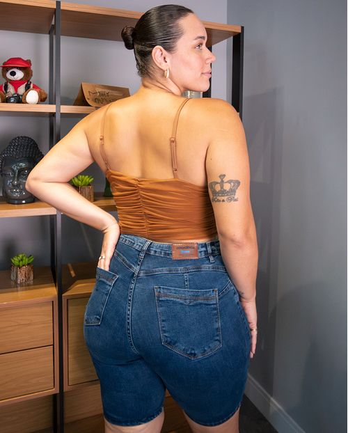 Bermuda Jeans Pedal Plus Size Feminina Cintura Alta Abertura Barra 23551 Escura