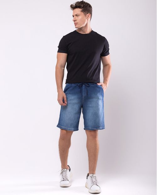 Bermuda Jeans Masculina Cós de Elastico 23854 Escura com Used