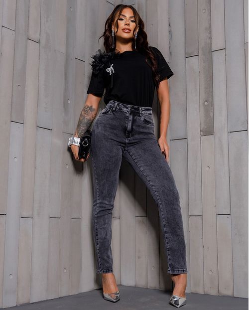 Calça Jeans Reta Feminina Cintura Alta com Elastano 24000 Vintage