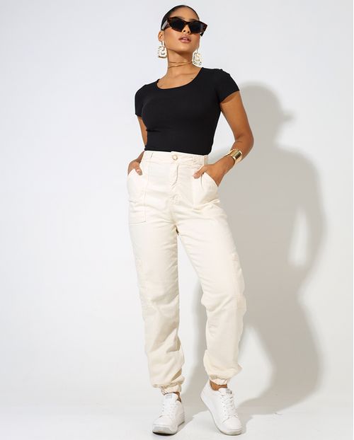 Calça Jogger Feminina Cintura Alta Bolsos Cargo  23211 Off White