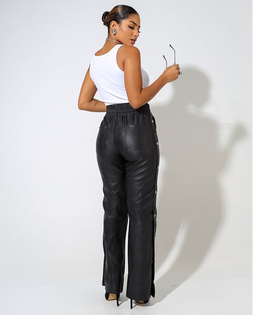 Calça Material Sintético Feminina Cintura Alta Elástico No Cós 90532 Preto