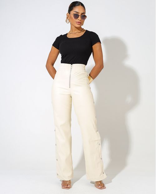 Calça Material Sintético Feminina Cintura Alta Elástico No Cós 90532 Off White