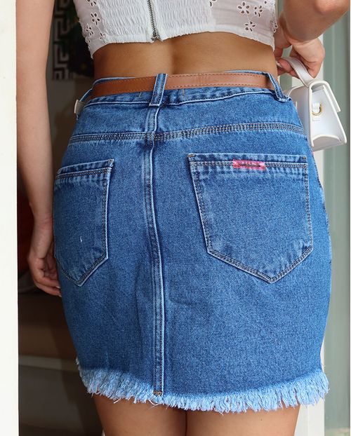Mini Saia Jeans Feminina Cintura Alta Bordado de Flor 22480 Média