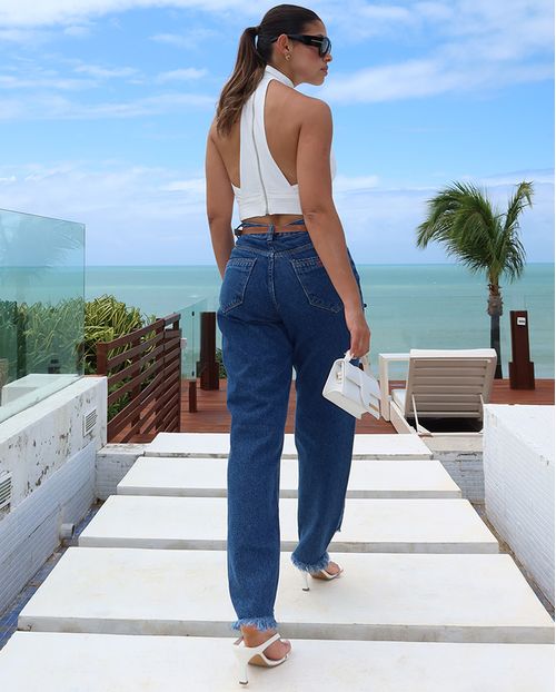 Calça Feminina Jeans Mom Bordado de Flor 22501 Escura