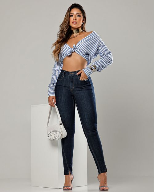 Calça Jeans Skinny Feminina Cintura Média Abertura Lateral Na Barra 23865 Amaciado