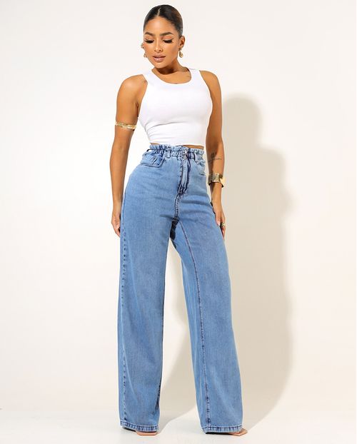 Calça Jeans Wide Leg Feminina Cintura Alta com Elástico 23725 Sky