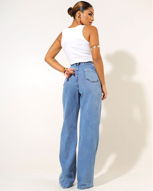 Calça Jeans Wide Leg Feminina Cintura Alta com Elástico 23725 Sky