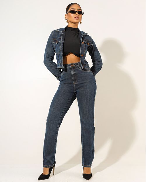 Calça Jeans Reta Feminina Cintura Alta com Elastano 23899 Sujinha Escura