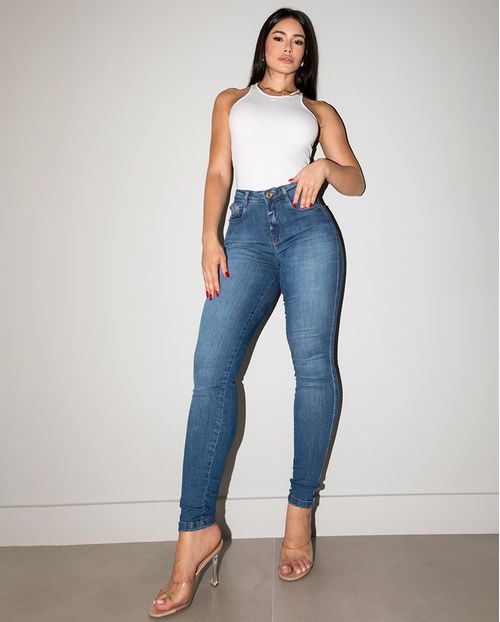 Calça Jeans Skinny Feminina Cintura Alta Detalhe Bolso 23802 Médio/escuro