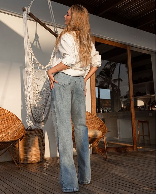 Calça Jeans Wide Loose Feminina Cintura Alta com Aplicação 23906 Média