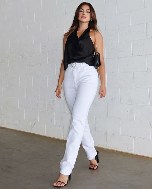 Calça Sarja Mom Feminina Cintura Alta com Cinto 23350 Branco
