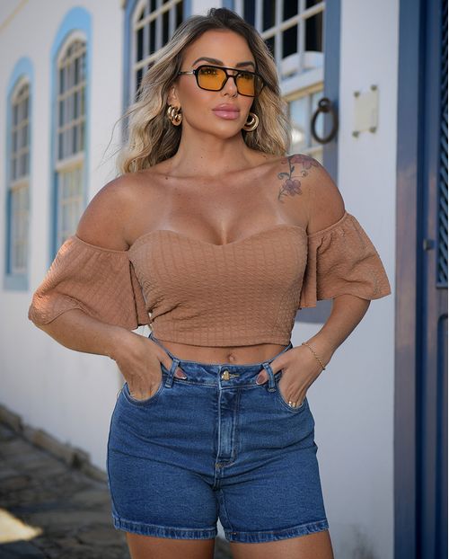 Shorts Jeans Mom Feminino Cintura Alta Básico 23978 Médio/escuro