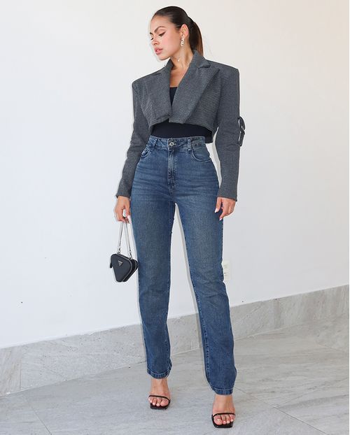 Calça Jeans Reta Feminina Cintura Alta com Elastano 23899 Escura