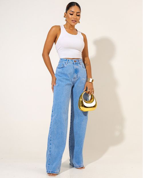 Calça Jeans Wide Leg Feminina Cintura Alta Básica Algodão 24226 Média