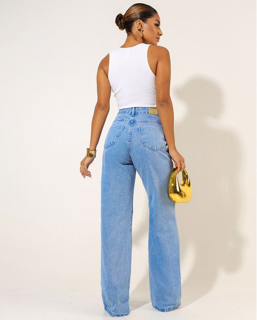 Calça Jeans Wide Leg Feminina Cintura Alta Básica Algodão 24226 Média