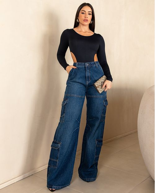 Calça Jeans Wide Leg Cargo Feminina Cintura Alta Detalhe Bolsos 23697 Sujinha Escura