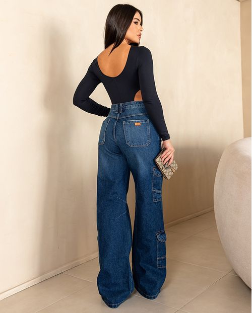 Calça Jeans Wide Leg Cargo Feminina Cintura Alta Detalhe Bolsos 23697 Sujinha Escura