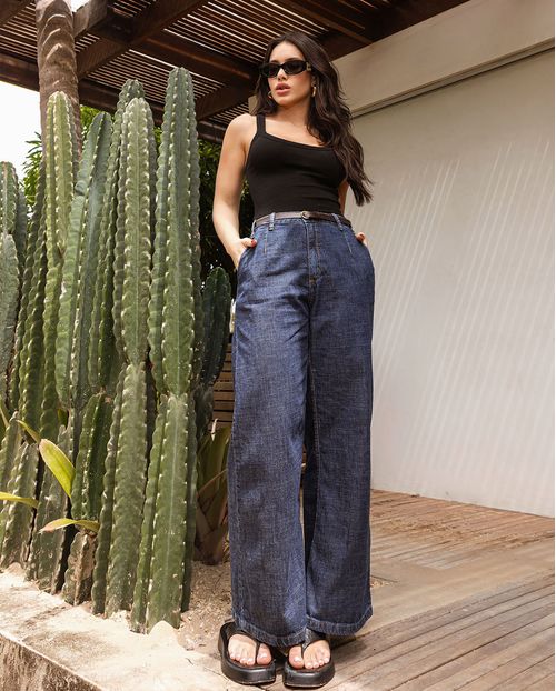 Calça Jeans Pantacourt Feminina Cintura Alta com Cinto 24209 Escura