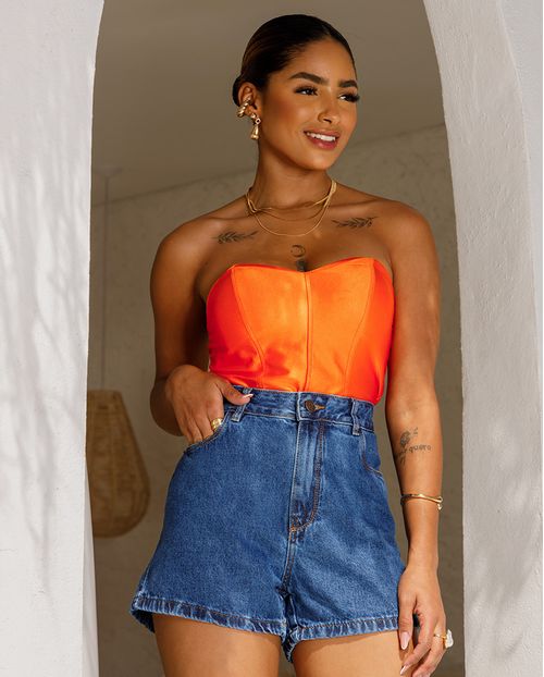 Shorts Jeans Mom Feminino Cintura Alta Básico 70101 Escura