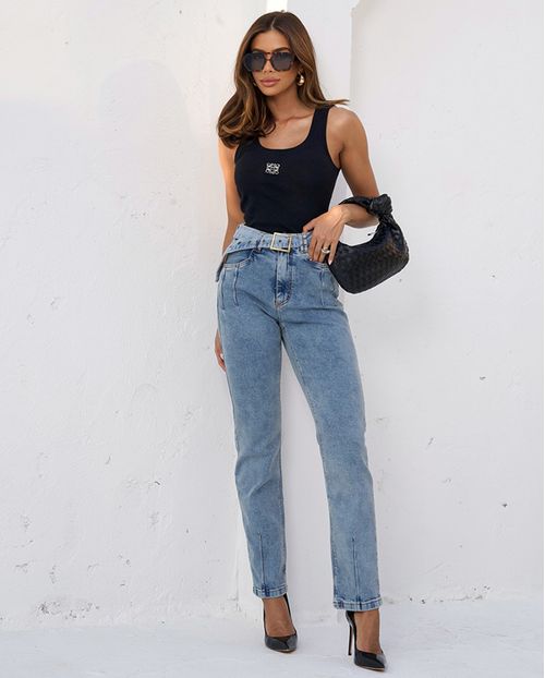 Calça Jeans Reta Feminina Cintura Alta com Cinto 23971 Sujinha