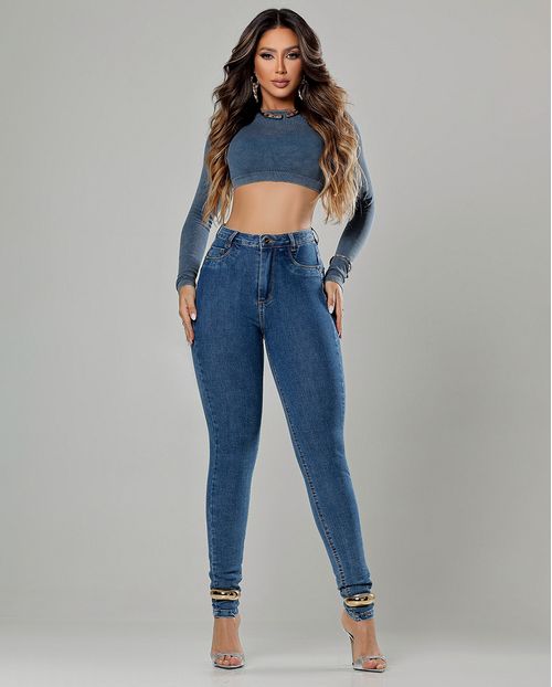 Calça Jeans Skinny Extreme Power Feminina Cintura Média Básica 00506 Médio/escuro