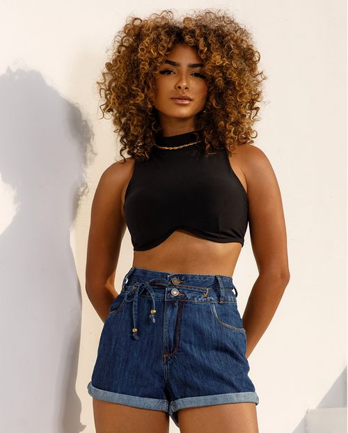 Shorts Jeans Mom Feminino Cintura Alta com Cordão 24239 Escura