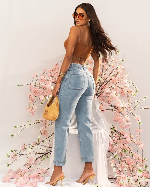 Calça Jeans Reta Feminina Cintura Alta com Cinto 23968 Média