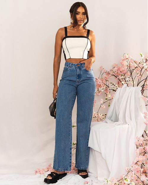 Calça Jeans Wide Leg Feminina Cintura Alta Básica sem Elastano 29032 Média