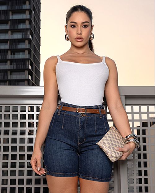 Bermuda Jeans Meia Coxa Feminina Cintura Alta com Cinto 24117 Escura