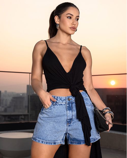Shorts Jeans Mom Feminino Cintura Alta Básico de Algodão 70102 Média