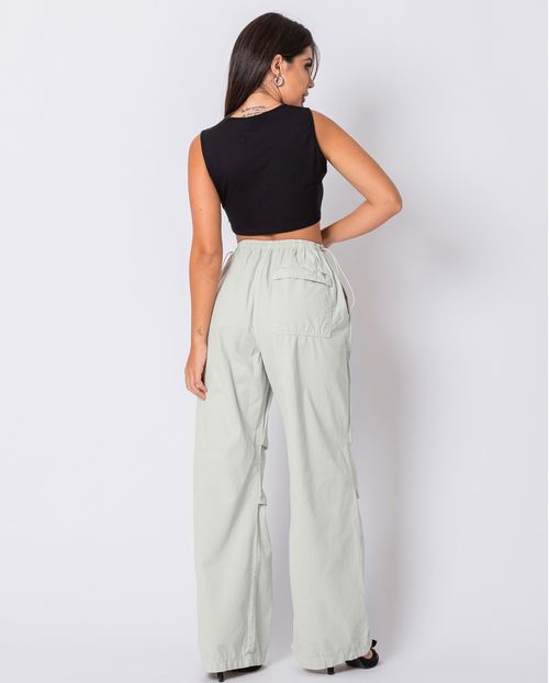 Calça Sarja Wide Leg Parachute Feminina Cintura Média 22706 Creme