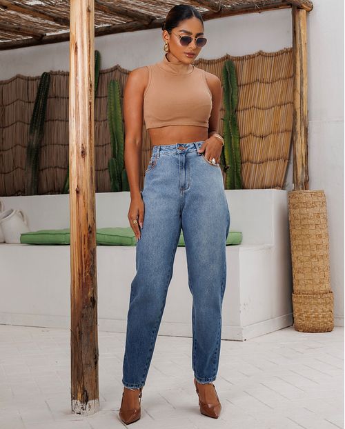 Calça Jeans Mom Feminina Cintura Alta Detalhe Costura 24234 Média