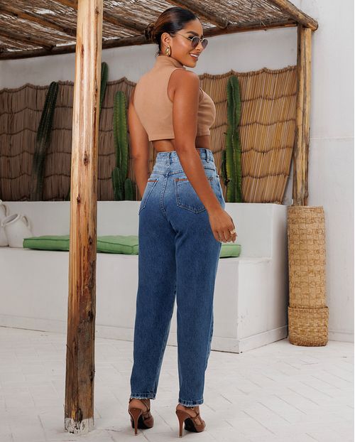 Calça Jeans Mom Feminina Cintura Alta Detalhe Costura 24234 Média