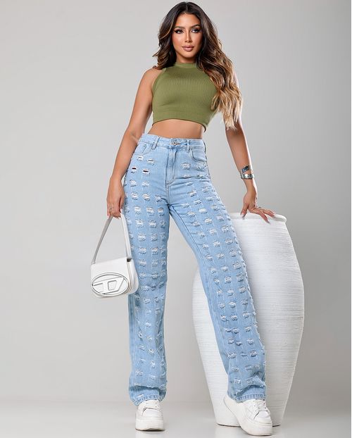 Calça Jeans Feminina Wide Leg com Rasgos em Toda Parte Frontal da Perna  22590 Clara